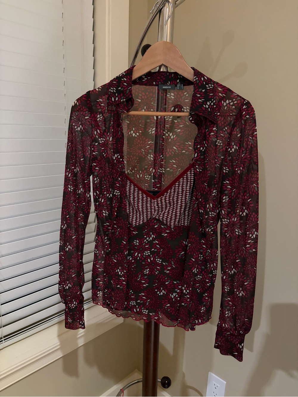 Mexx Burgundy Floral Sheer Button-Up Blouse with Matching Camisole